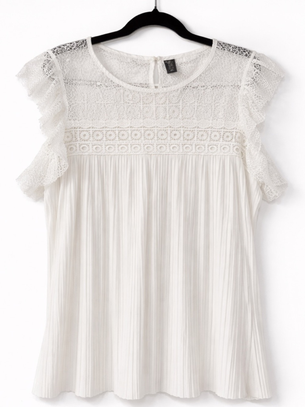 White Lace Flutter Sleeve Blouse Boho Pleated Top